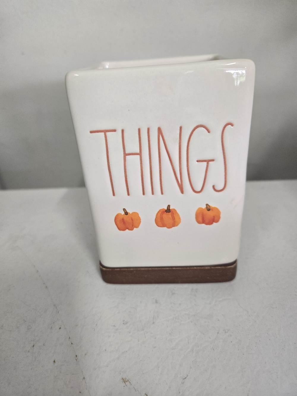Rae Dunn White Ceramic 'THINGS' Bath Tumbler with Orange Pumpkin Accents